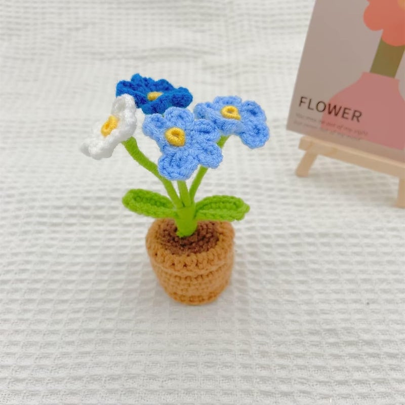 Yangshine 3 x Handmade Mini Artificial Flower Potted Crochet Forget-Me Not for Office Car Dashboard Decoration Color #3 - Image 4