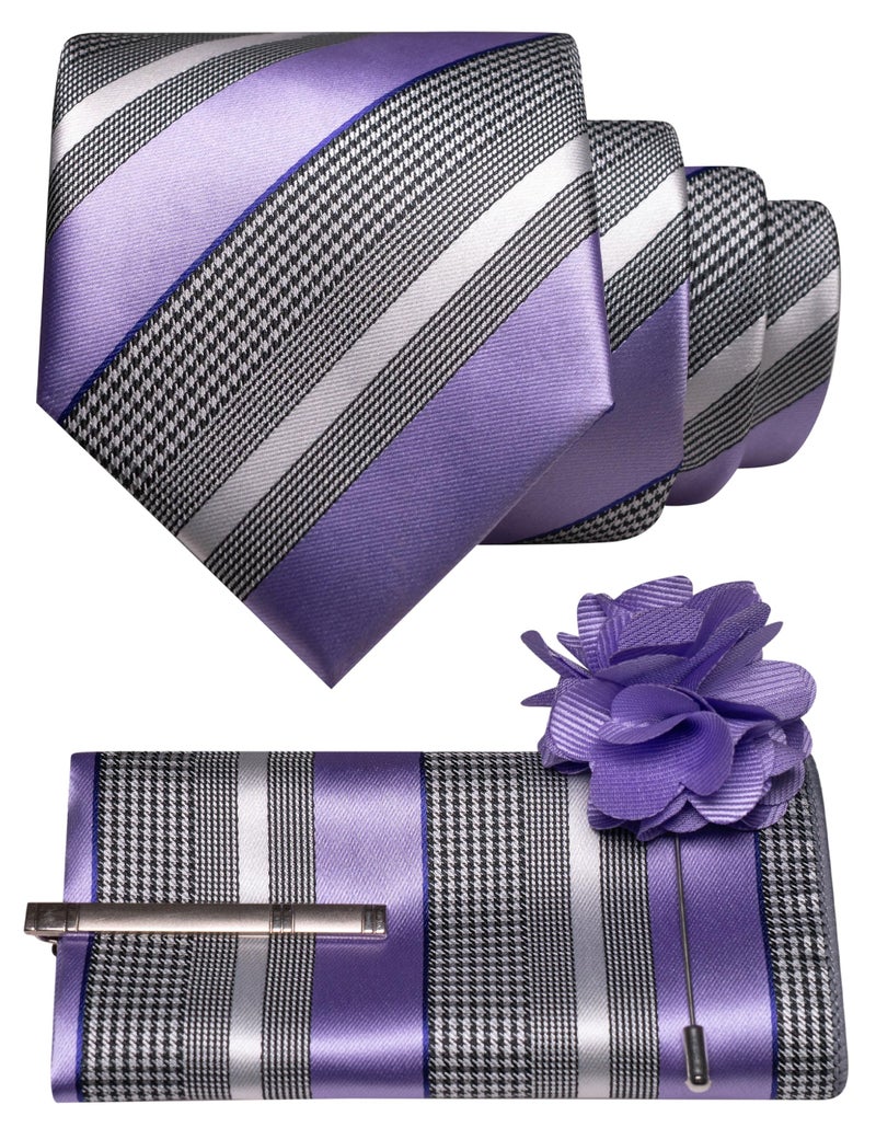 JEMYGINS Mens Lavender Striped Tie and Lapel Pin Necktie Pocket Square and Tie Clip Sets for Business Casual(7) - Image 1