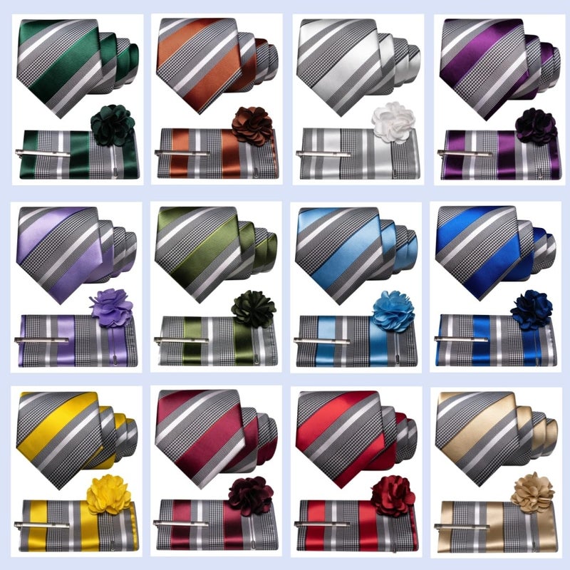JEMYGINS Mens Lavender Striped Tie and Lapel Pin Necktie Pocket Square and Tie Clip Sets for Business Casual(7) - Image 4