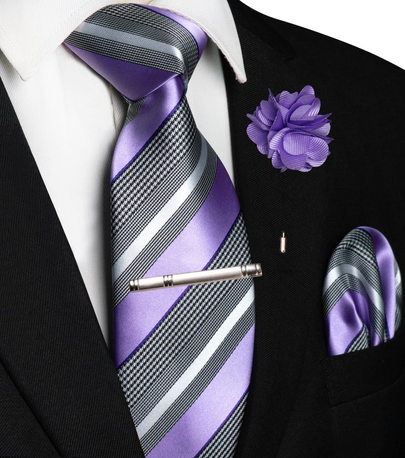 JEMYGINS Mens Lavender Striped Tie and Lapel Pin Necktie Pocket Square and Tie Clip Sets for Business Casual(7) - Image 2