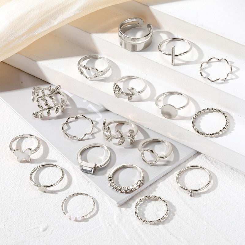 IFKM 24 Pcs Silver Knuckle Rings Set For Women Vintage Stackable Joint Finger Midi Rings Dainty Cubic Zirconia Crystal Simple Twist Hollow Cute Rings Pack Jewelry Gift (Love of Leaves, Silver) - Image 5