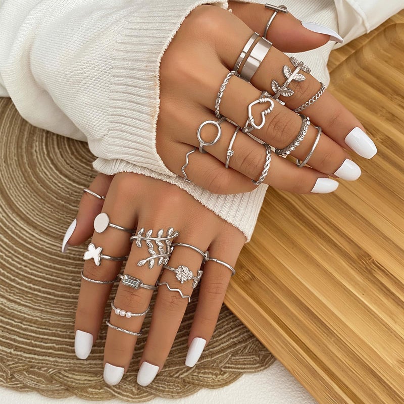 IFKM 24 Pcs Silver Knuckle Rings Set For Women Vintage Stackable Joint Finger Midi Rings Dainty Cubic Zirconia Crystal Simple Twist Hollow Cute Rings Pack Jewelry Gift (Love of Leaves, Silver) - Image 2