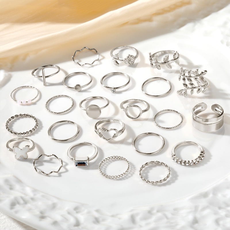 IFKM 24 Pcs Silver Knuckle Rings Set For Women Vintage Stackable Joint Finger Midi Rings Dainty Cubic Zirconia Crystal Simple Twist Hollow Cute Rings Pack Jewelry Gift (Love of Leaves, Silver) - Image 3