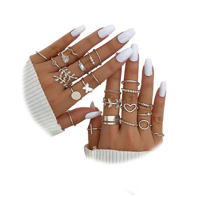 IFKM 24 Pcs Silver Knuckle Rings Set For Women Vintage Stackable Joint Finger Midi Rings Dainty Cubic Zirconia Crystal Simple Twist Hollow Cute Rings Pack Jewelry Gift (Love of Leaves, Silver) - Image 1