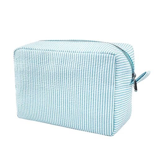 GFU Cosmetic Bags for Women, Seersucker Cosmetic Bag, Travel Toiletry Stripe Makeup Bag, Large Women Aesthetic Organizer Storage Pouch, Girls Handbags Purses, Yellow - Image 1