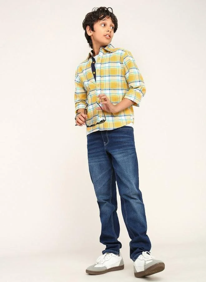 Bonkids Boy's shirts in regular fit yellow colour cotton fabric embellished pattern pull over closure woven weave type round collar type round neckline half sleeve length button down upper body wear type suitable for casual occasions – a must-have trendsetter this season!