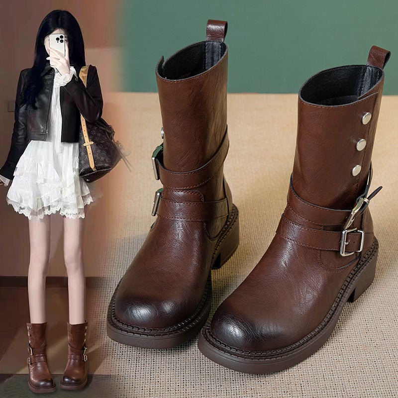 Round Toe Belt Buckle Motorcycle Boots Fashion Versatile British Style Medium Thick Heel Short Boots Western Cowboy Boots - Image 2