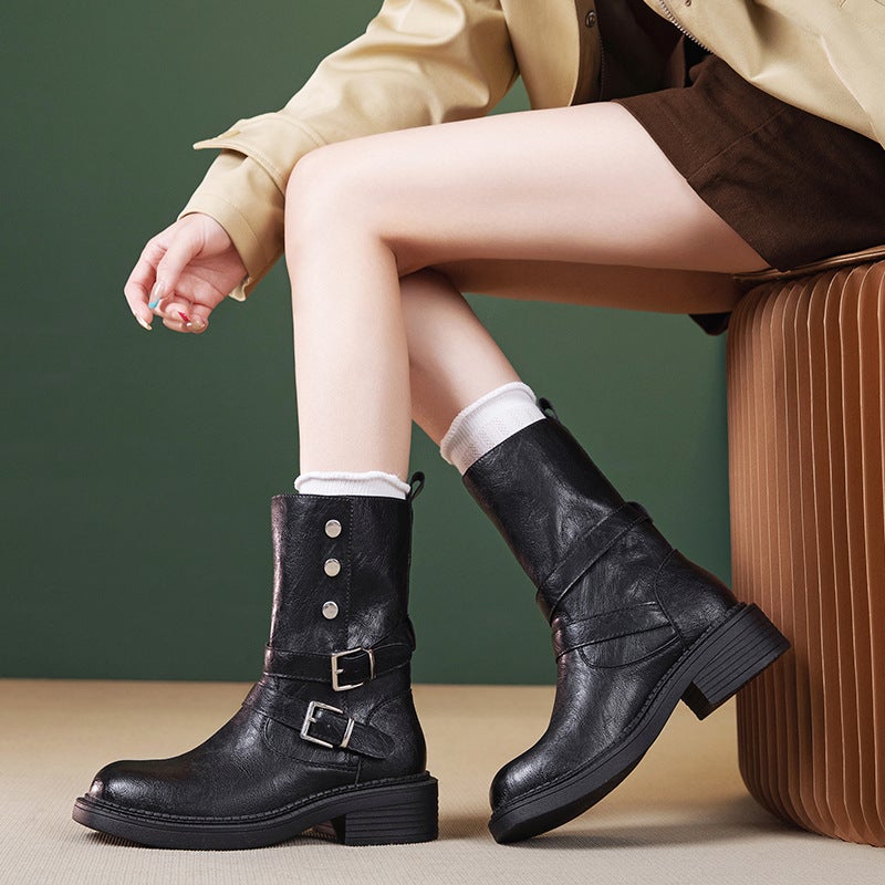 Round Toe Belt Buckle Motorcycle Boots Fashion Versatile British Style Medium Thick Heel Short Boots Western Cowboy Boots - Image 3