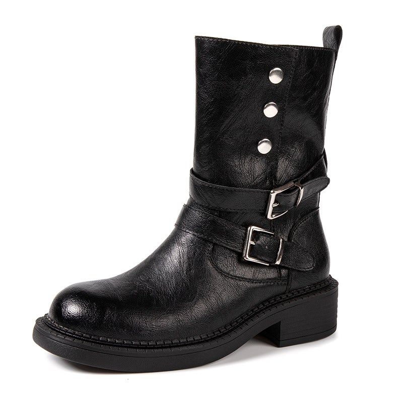 Round Toe Belt Buckle Motorcycle Boots Fashion Versatile British Style Medium Thick Heel Short Boots Western Cowboy Boots - Image 1