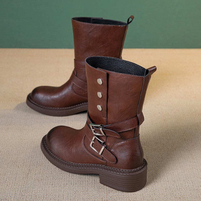 Round Toe Belt Buckle Motorcycle Boots Fashion Versatile British Style Medium Thick Heel Short Boots Western Cowboy Boots - Image 4