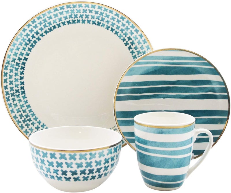 Elle Collection طقم أدوات مائدة غير رسمية دليسي 16 قطعة من البورسلين لحفلة 4 عشاء 4 أطباق سلطة 4 سلطانيات 4 أكواب هدية لمناسبة خاصة أو عيد ميلاد 105 أخضر أبيض