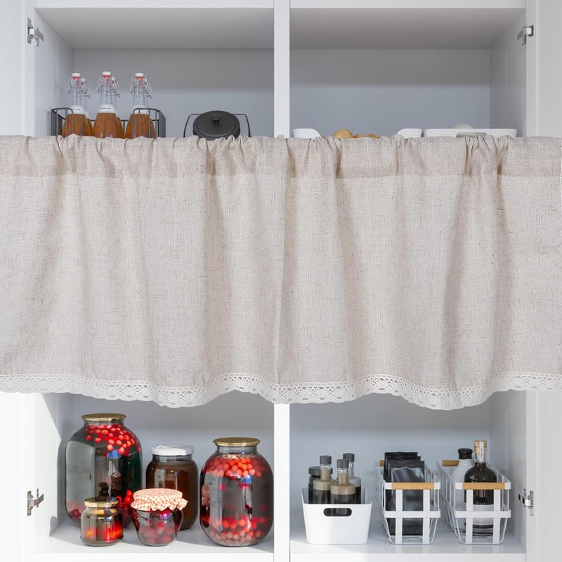 Rustic Linen Short Valance Curtain 150x45cm with Lace Trim, Sheer Farmhouse Kitchen Window Treatment for Bathroom, Cabinet Dust-Proof Rod Pocket Panel - Image 4