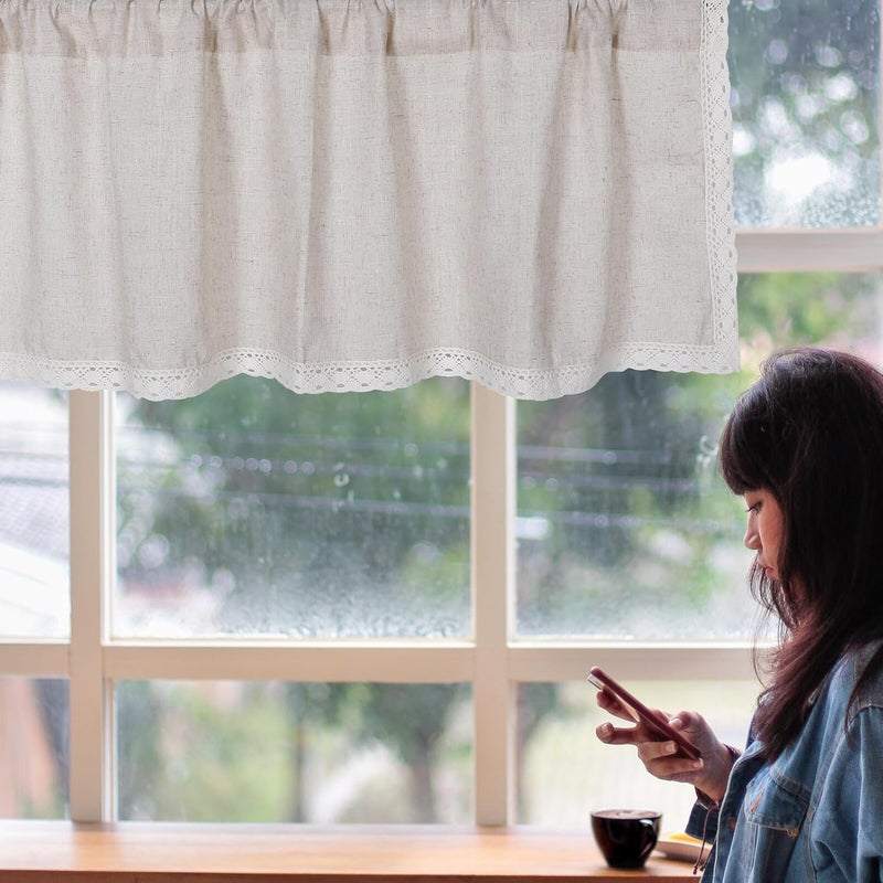 Rustic Linen Short Valance Curtain 150x45cm with Lace Trim, Sheer Farmhouse Kitchen Window Treatment for Bathroom, Cabinet Dust-Proof Rod Pocket Panel - Image 5