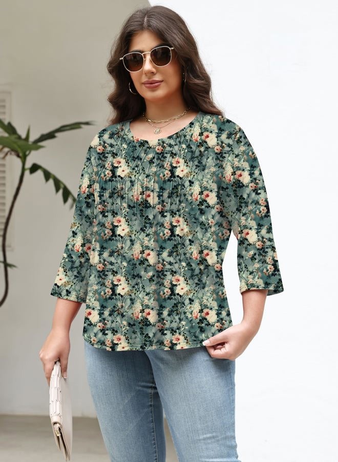 TFSDOD Womens Plus Size Tops 3/4 Length Sleeve Womens Tops Crewneck Pleated Boho Tunic Casual Shirts XL-5X, Dark Green Pink Floral, 5XL - Image 3