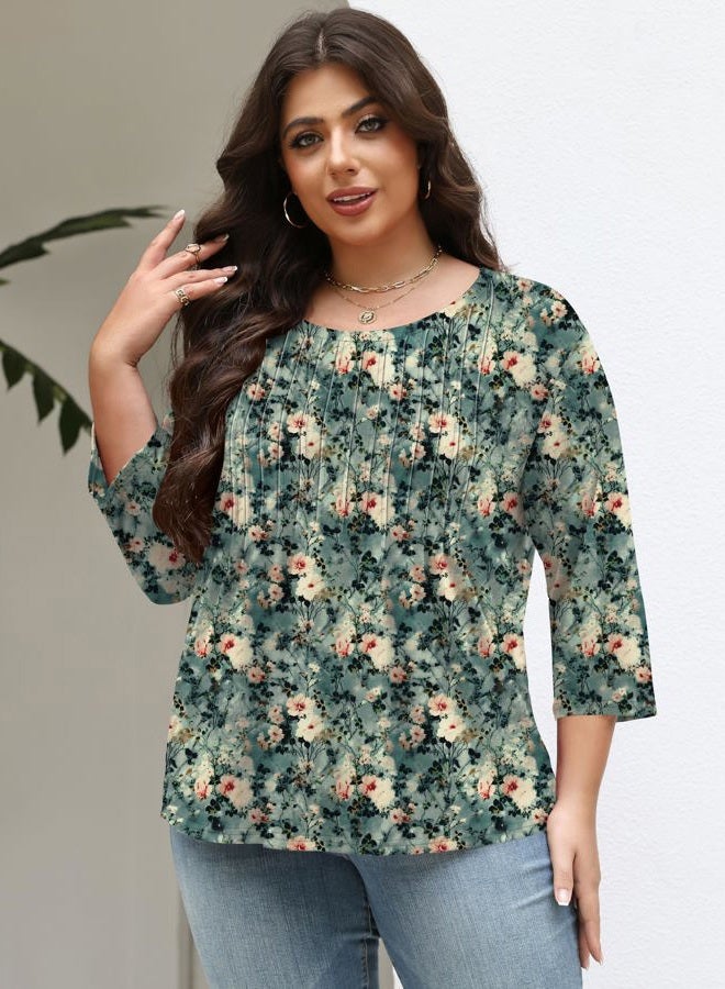 TFSDOD Womens Plus Size Tops 3/4 Length Sleeve Womens Tops Crewneck Pleated Boho Tunic Casual Shirts XL-5X, Dark Green Pink Floral, 5XL - Image 4