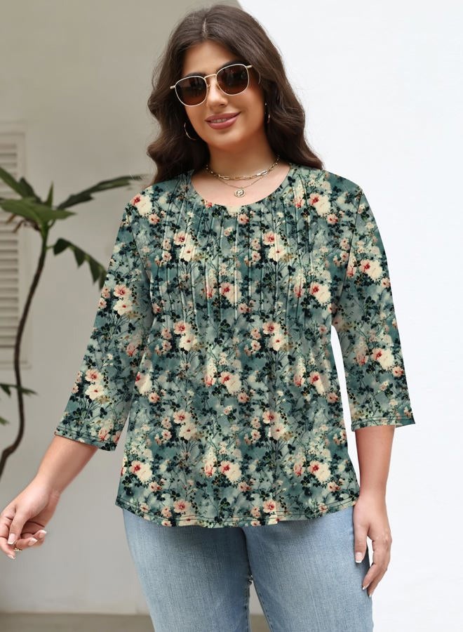 TFSDOD Womens Plus Size Tops 3/4 Length Sleeve Womens Tops Crewneck Pleated Boho Tunic Casual Shirts XL-5X, Dark Green Pink Floral, 5XL - Image 2