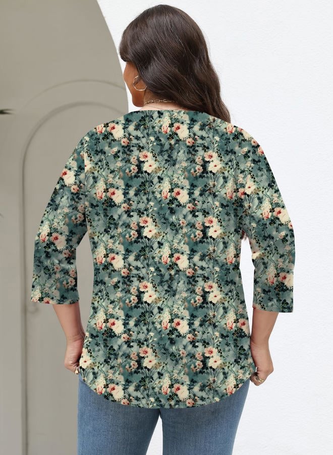 TFSDOD Womens Plus Size Tops 3/4 Length Sleeve Womens Tops Crewneck Pleated Boho Tunic Casual Shirts XL-5X, Dark Green Pink Floral, 5XL - Image 5