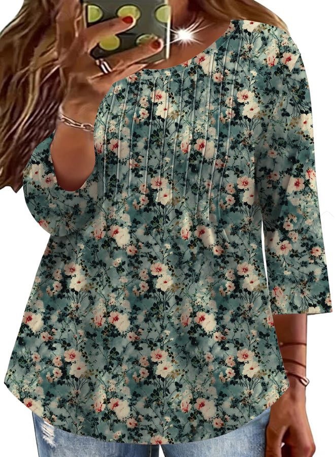 TFSDOD Womens Plus Size Tops 3/4 Length Sleeve Womens Tops Crewneck Pleated Boho Tunic Casual Shirts XL-5X, Dark Green Pink Floral, 5XL - Image 1