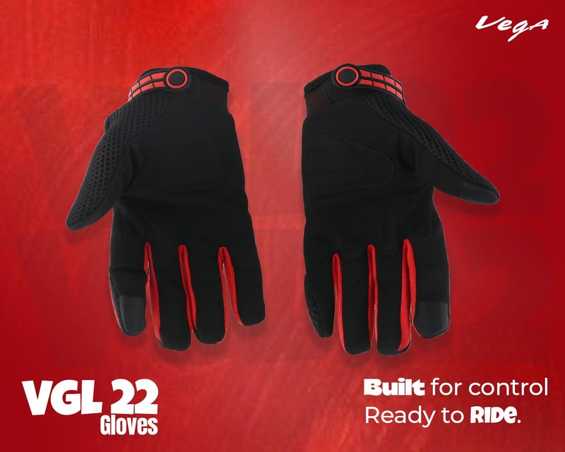 Vega VGL-22 Full Finger Motorcycle Riding Gloves with Touchscreen Fingertips and Knuckle Protection – Anti-Slip Grip Black Red-XL - Image 2