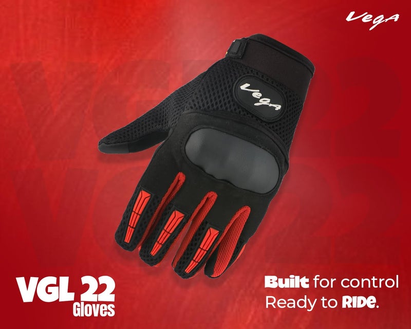 Vega VGL-22 Full Finger Motorcycle Riding Gloves with Touchscreen Fingertips and Knuckle Protection – Anti-Slip Grip Black Red-XL - Image 3