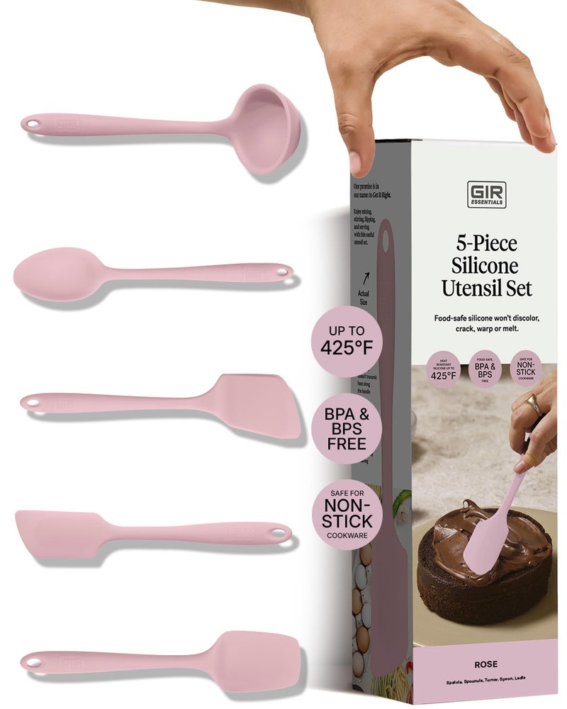 GIR 5-Piece Silicone Kitchen Utensils Set, Non-Toxic Cooking Utensils for Cooking and Baking, Heat Resistant, Food Grade, Dishwasher Safe Rubber Spatula, Ladle, Spoon - Rose - Image 1