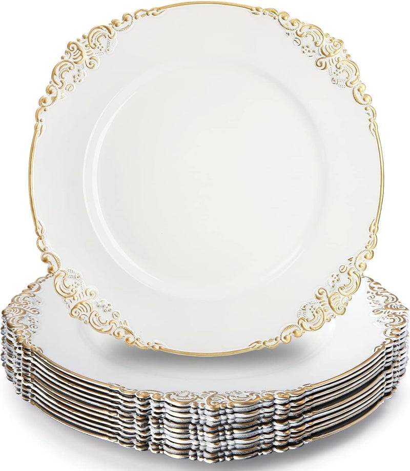 Okllen 12 Pack Plastic Round Charger Plates 13 Dinner Charger Dessert Plates with Gold Rim Vintage Charger Serving Plates for Catering Wedding Tabletop Decor White Floral Trim - Image 1
