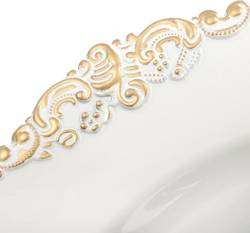 Okllen 12 Pack Plastic Round Charger Plates 13 Dinner Charger Dessert Plates with Gold Rim Vintage Charger Serving Plates for Catering Wedding Tabletop Decor White Floral Trim - Image 4