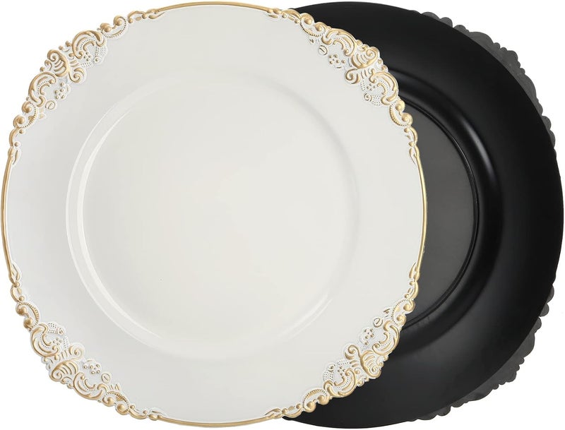 Okllen 12 Pack Plastic Round Charger Plates 13 Dinner Charger Dessert Plates with Gold Rim Vintage Charger Serving Plates for Catering Wedding Tabletop Decor White Floral Trim - Image 3