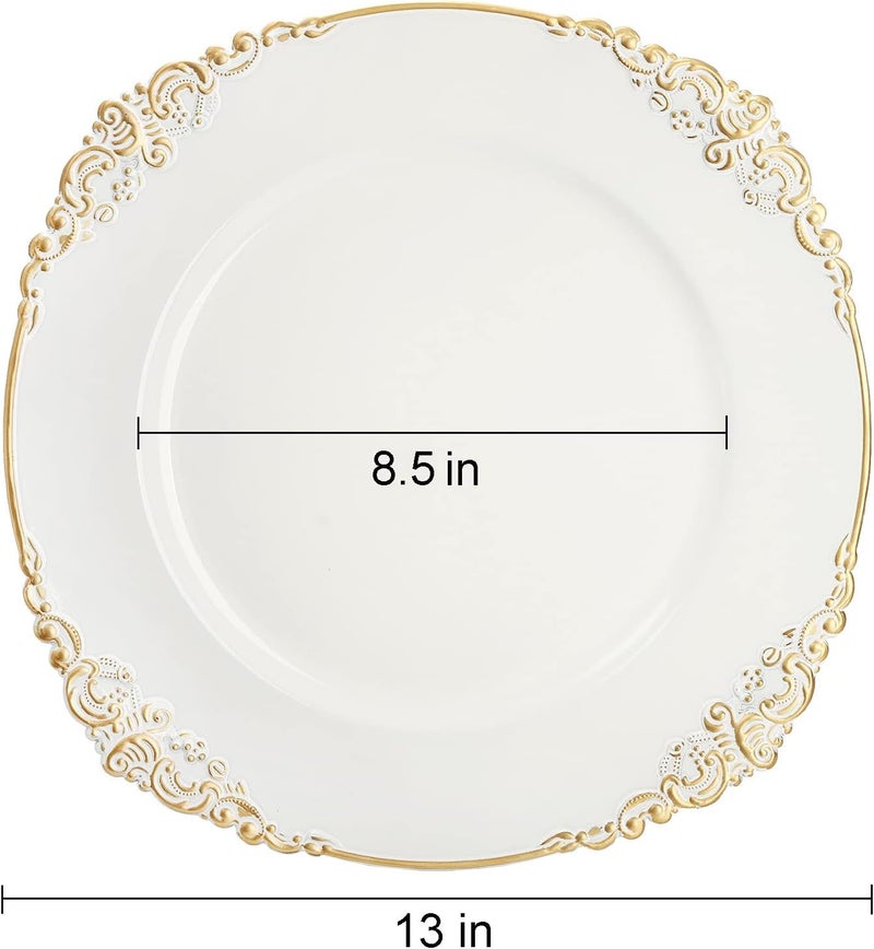 Okllen 12 Pack Plastic Round Charger Plates 13 Dinner Charger Dessert Plates with Gold Rim Vintage Charger Serving Plates for Catering Wedding Tabletop Decor White Floral Trim - Image 2