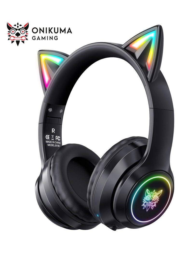 onikuma Bluetooth Wireless Gaming Headset with Mic, Bluetooth Cat Ear Headphones for Kids or Adults, RGB LED Light, for Gaming, Compatible with Mobile Phones PC Tablet - Black - Image 1