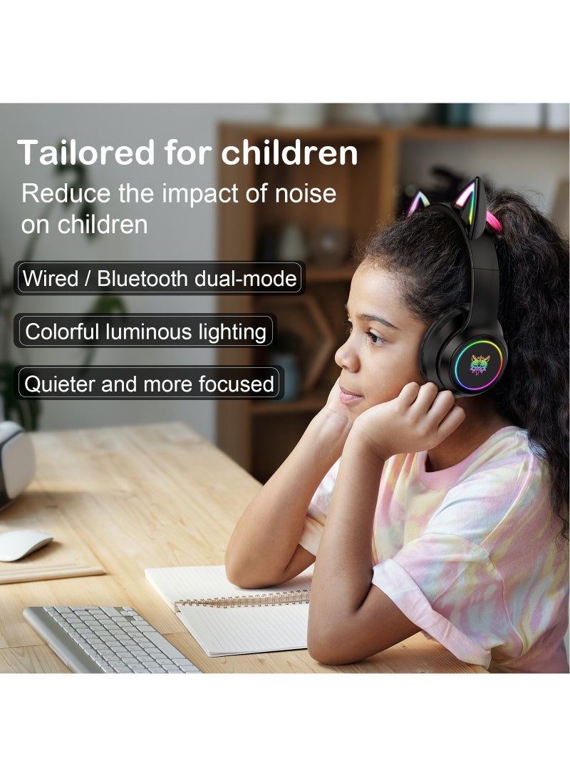 onikuma Bluetooth Wireless Gaming Headset with Mic, Bluetooth Cat Ear Headphones for Kids or Adults, RGB LED Light, for Gaming, Compatible with Mobile Phones PC Tablet - Black - Image 5