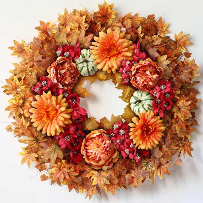 26 FALL WREATH FOR FRONT DOOR LARGE ARTIFICIAL MAPLE LEAVES FAKE SILK PEONY FAUX PUMPKIN OUTDOOR WREATH FOR PORCH WINDOWFARMHOUSEHOMETHANKSGIVING DAY HARVEST FESTIVAL AUTUMN DECOR