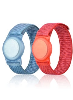 Y&D 2 Piece AirTag Kids Wristband with Adjustable Nylon Strap Holder Protector Breathable Anti Loss Bracelet for Toddler Child Elderly Blue and Red  - Image 1