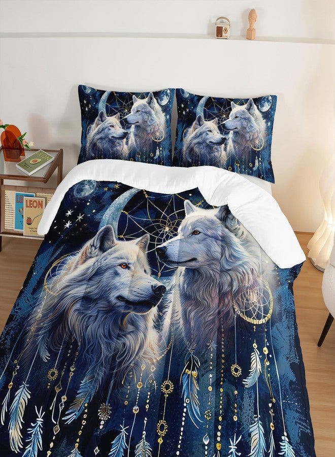 HOSIMA Wolf Queen Comforter Set,Two Wolves in Dream Catcher Under Full Moon Stars Mysterious Style Bedding Set,Wolf Stuff Print Animal Bedding for Girls Boys Bedroom Decor with 2 Pillowcases. - Image 4