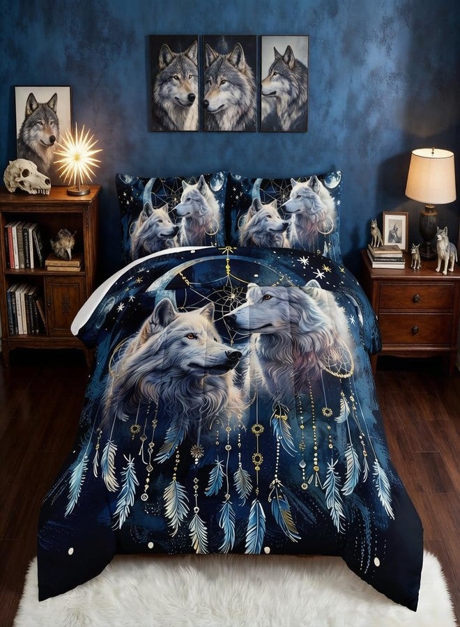 HOSIMA Wolf Queen Comforter Set,Two Wolves in Dream Catcher Under Full Moon Stars Mysterious Style Bedding Set,Wolf Stuff Print Animal Bedding for Girls Boys Bedroom Decor with 2 Pillowcases. - Image 1