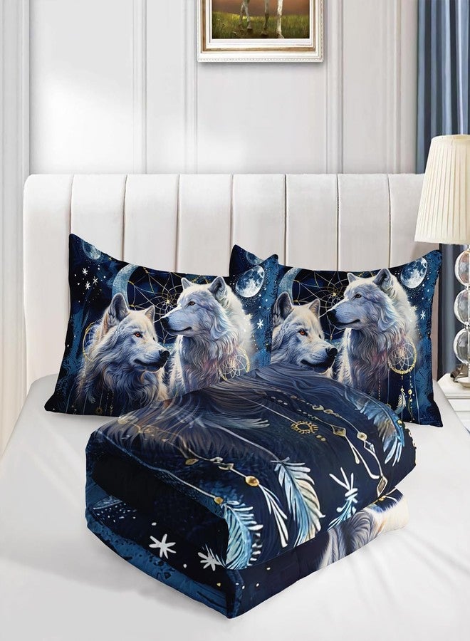 HOSIMA Wolf Queen Comforter Set,Two Wolves in Dream Catcher Under Full Moon Stars Mysterious Style Bedding Set,Wolf Stuff Print Animal Bedding for Girls Boys Bedroom Decor with 2 Pillowcases. - Image 5