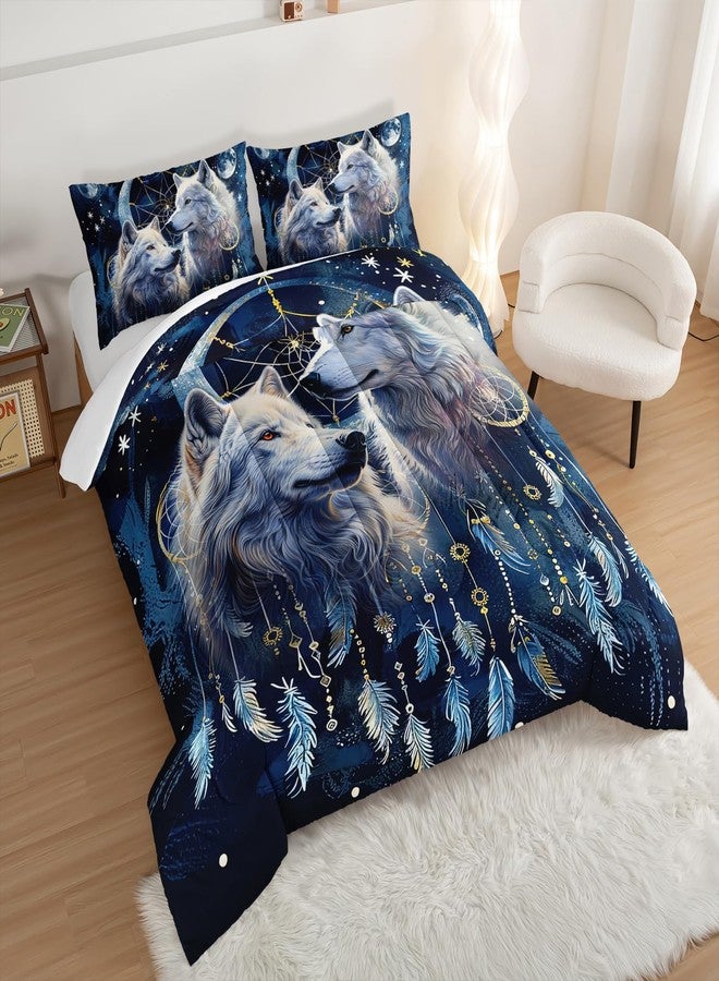 HOSIMA Wolf Queen Comforter Set,Two Wolves in Dream Catcher Under Full Moon Stars Mysterious Style Bedding Set,Wolf Stuff Print Animal Bedding for Girls Boys Bedroom Decor with 2 Pillowcases. - Image 3