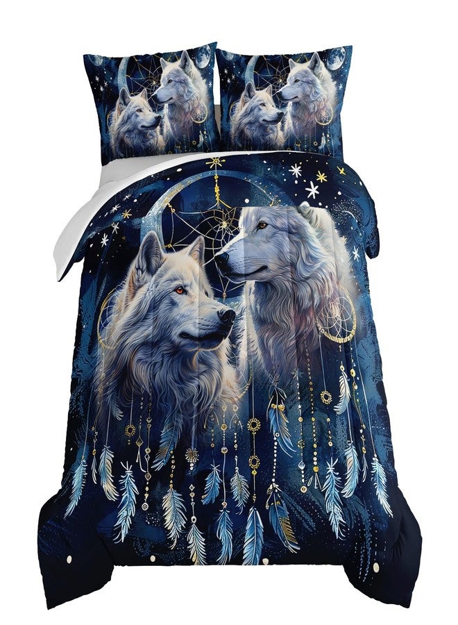 HOSIMA Wolf Queen Comforter Set,Two Wolves in Dream Catcher Under Full Moon Stars Mysterious Style Bedding Set,Wolf Stuff Print Animal Bedding for Girls Boys Bedroom Decor with 2 Pillowcases. - Image 2