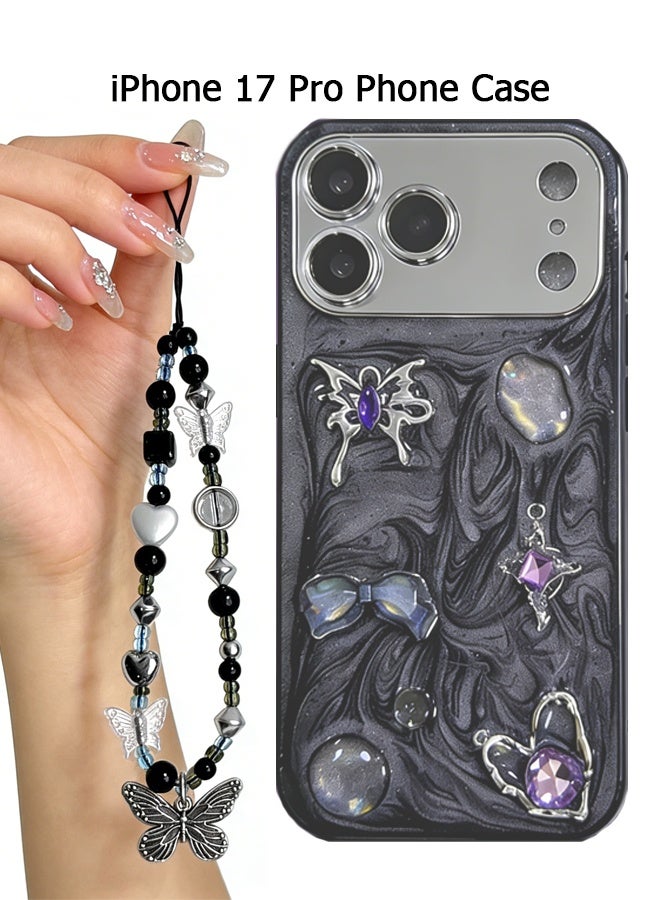 Wffo Compatible with iPhone 17 Pro Cases - 3D Butterfly Phone Case - Silver Shiny Phone Case - Sleek and Minimalist Phone Cases - TPU Drop Protection - With Lanyard - Image 1
