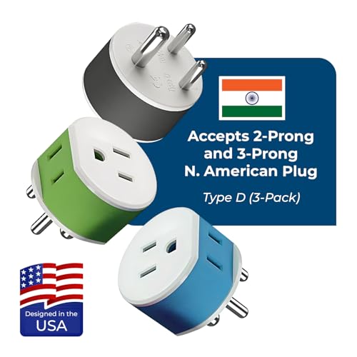 OREI India, Nepal, Maldives Power Plug Adapter with 2 USA Inputs - Travel 3 Pack - Type D (US-10) Safe Grounded Use with Cell Phones, Laptop, Camera Chargers, CPAP, and More - Image 4