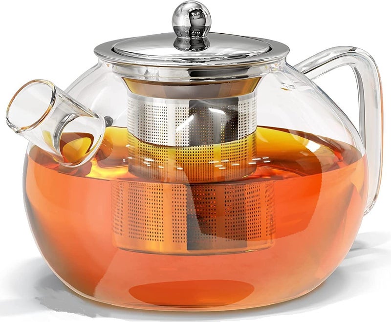 ZEYFLEEB Glass Teapot with Infuser 1000ML Round Shape Clear Glass Tea Kettle with Removable Stainless Steel Strainer Stovetop Safe Glass Teapot for Blooming and Loose Leaf Tea - Image 1