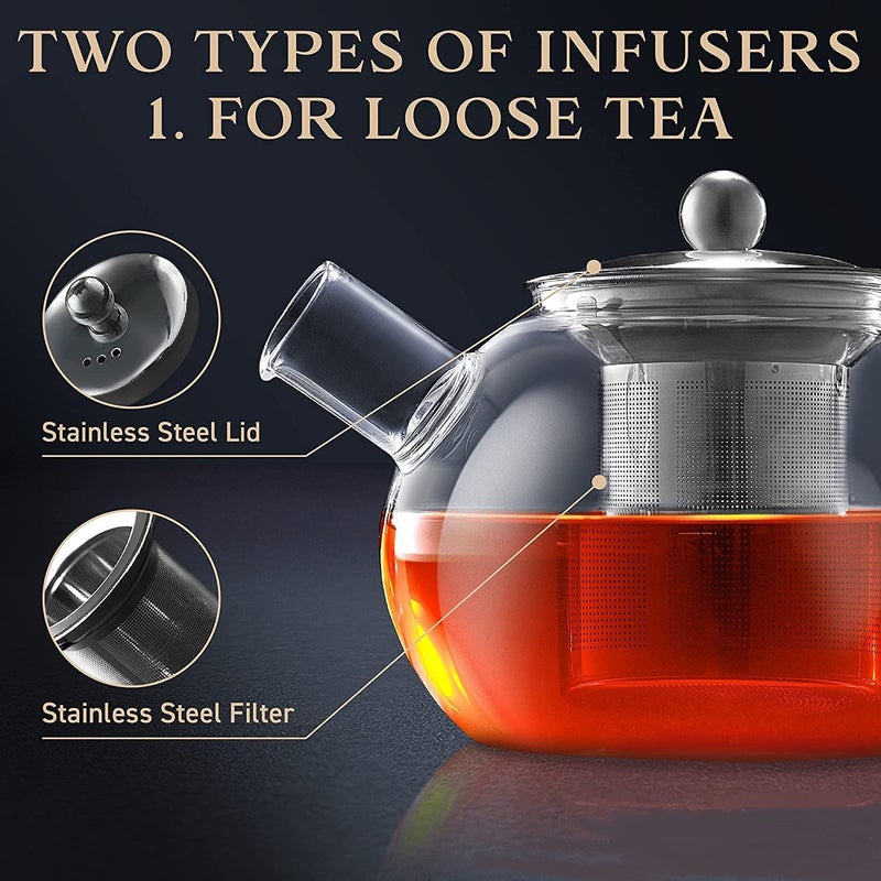 ZEYFLEEB Glass Teapot with Infuser 1000ML Round Shape Clear Glass Tea Kettle with Removable Stainless Steel Strainer Stovetop Safe Glass Teapot for Blooming and Loose Leaf Tea - Image 3