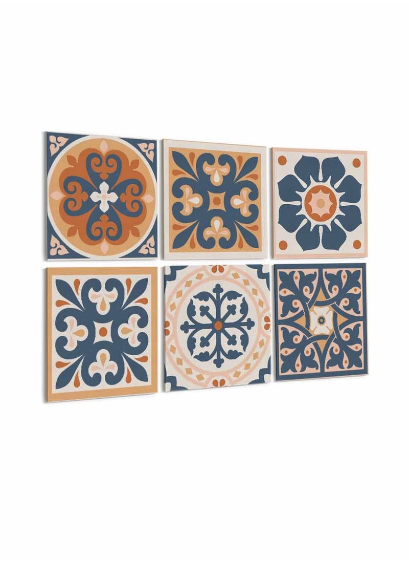 LOWHA Set Of 6 Framed Square Canvas Wall Arts Stretched Over Wooden Frame, Azulejo Abstract Painting, For Home, Living Room, Office Decor  - Image 1