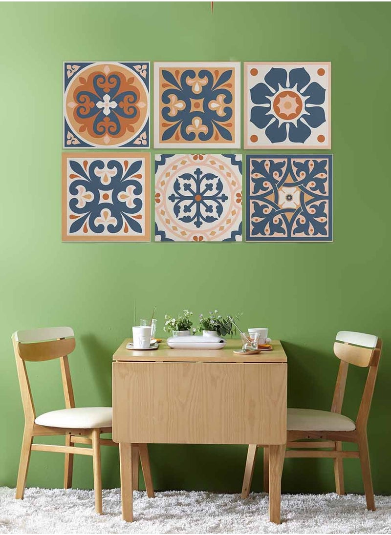 LOWHA Set Of 6 Framed Square Canvas Wall Arts Stretched Over Wooden Frame, Azulejo Abstract Painting, For Home, Living Room, Office Decor  - Image 3