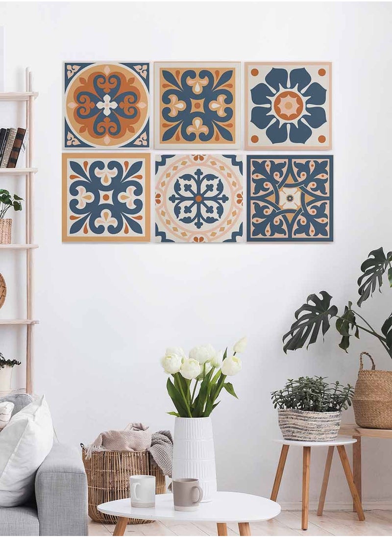 LOWHA Set Of 6 Framed Square Canvas Wall Arts Stretched Over Wooden Frame, Azulejo Abstract Painting, For Home, Living Room, Office Decor  - Image 2