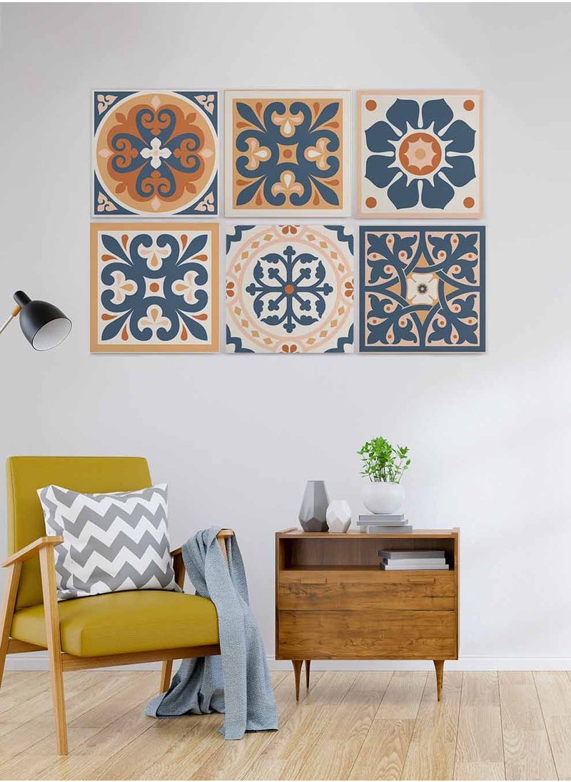 LOWHA Set Of 6 Framed Square Canvas Wall Arts Stretched Over Wooden Frame, Azulejo Abstract Painting, For Home, Living Room, Office Decor  - Image 4