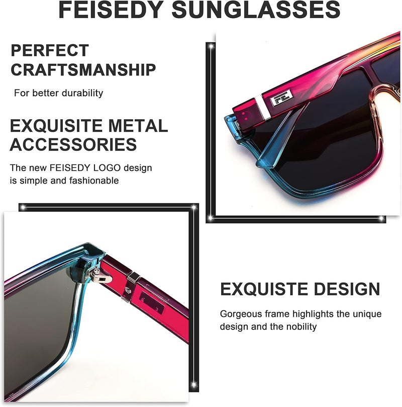 FEISEDY Fashion Flat Top Sunglasses Trendy Oversized Square Shades Women Men UV400 B2996 - Image 4