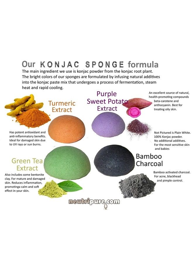 Neutripure Konjac Sponge Set: Organic Skincare Facial for Natural Exfoliating and Deep Pore Cleansing 5 Piece Sampler Pack Infused with Charcoal, Turmeric, Green Tea - Image 1
