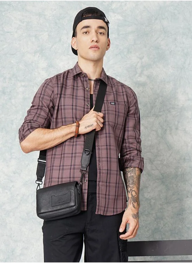 شركة المرآب الهندية Men Slim Fit Checkered Full Sleeves Spread Collar Casual Shirt