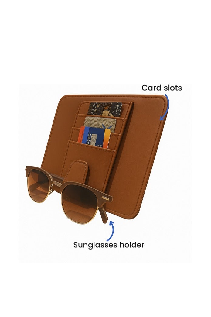منظم واقي الشمس من الجلد للسيارة - مساحة تخزين واقي الشمس من الجلد الصناعي مع فتحات للبطاقات، وجيب شبكي، ومشبك مغناطيسي للنظارات الشمسية، وحامل أقلام - مناسب للسيارات وسيارات الدفع الرباعي (بني، صغير) - Image 1